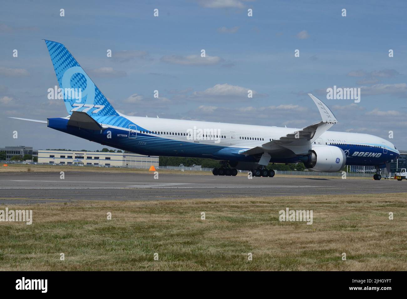 BOEING 777-9X AT FARNBOROUGH INTERNATIONAL AIRSHOW. THIS NEW VARIANT HAS FOLDING WING CAPABILITY. Stock Photo