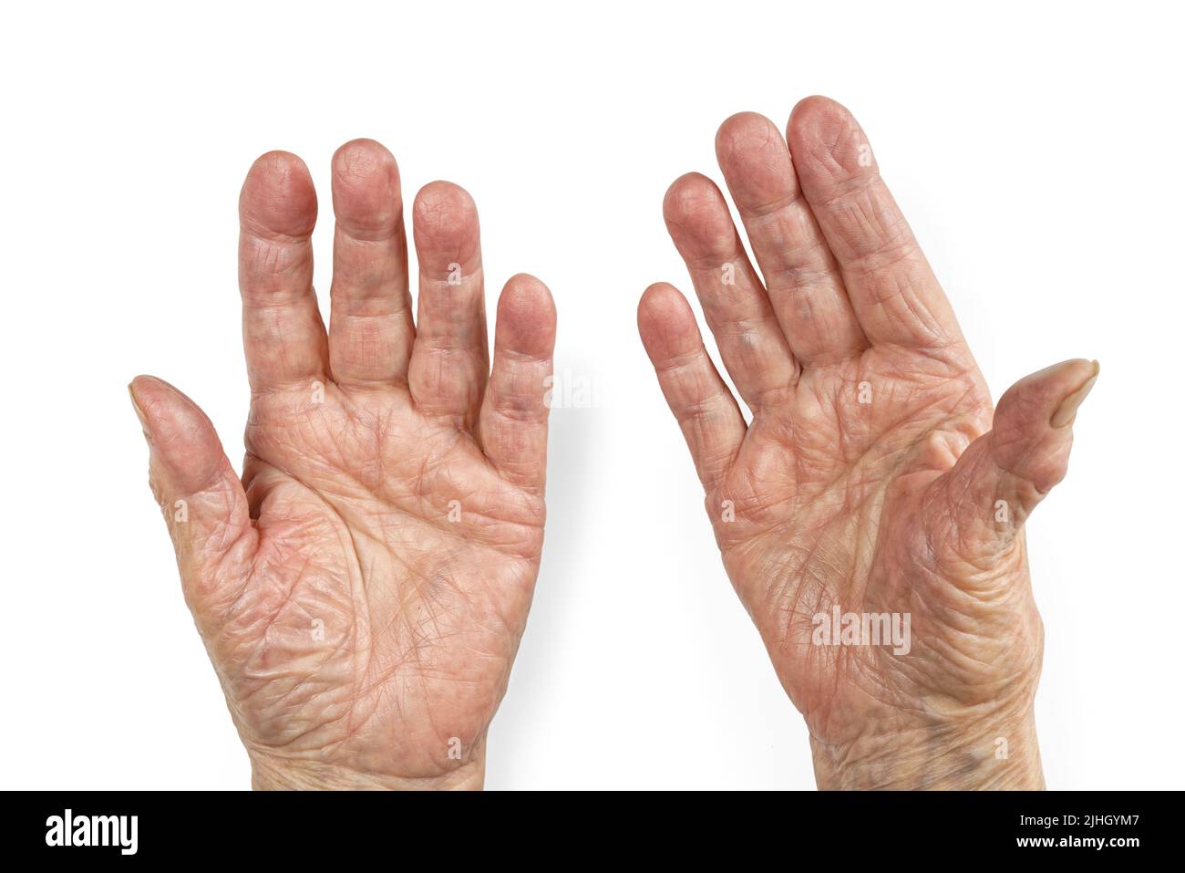 Senior woman wrinkled hands with palms up. Isolated on white, clipping path included Stock Photo