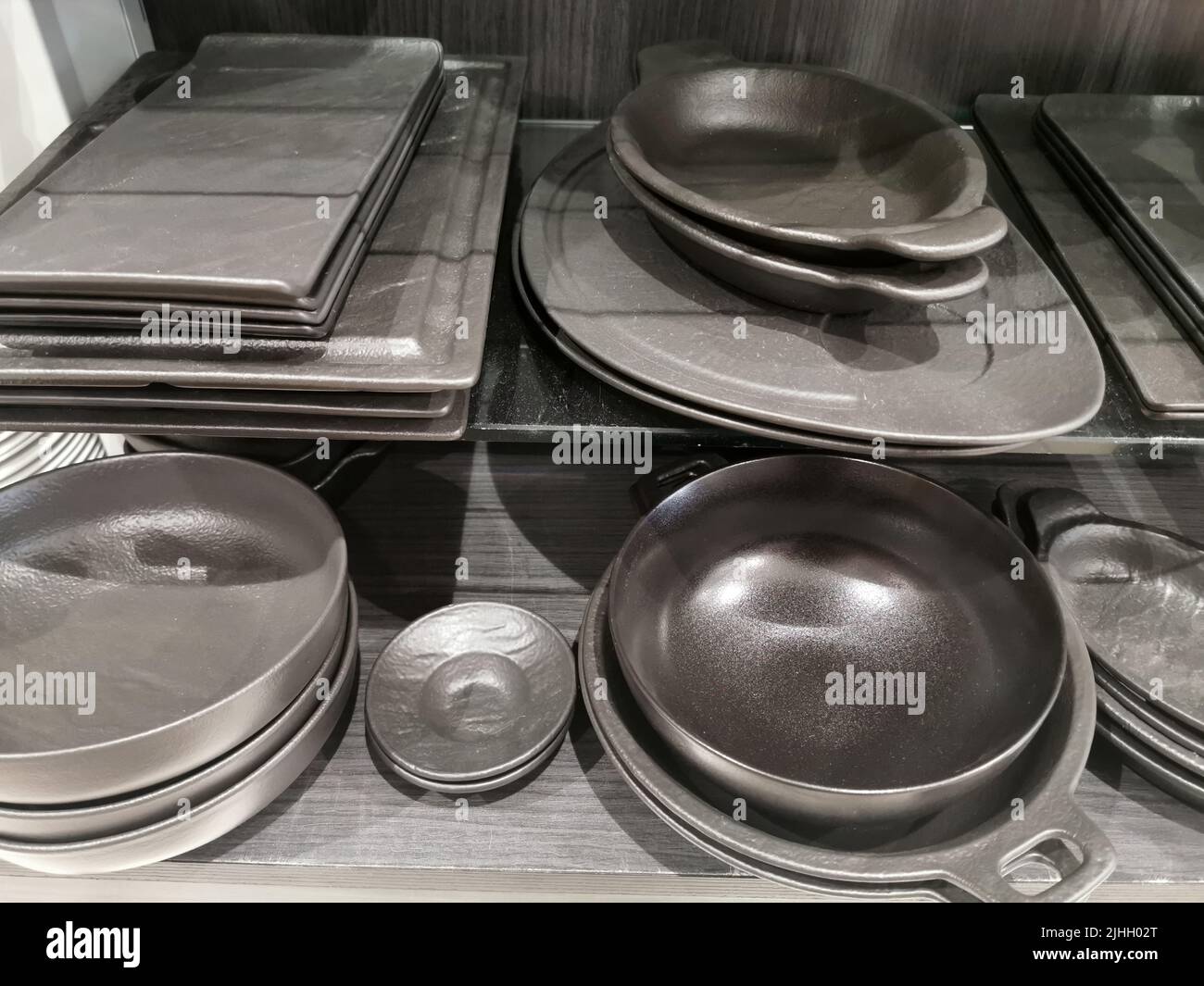Black tableware in a shop Stock Photo