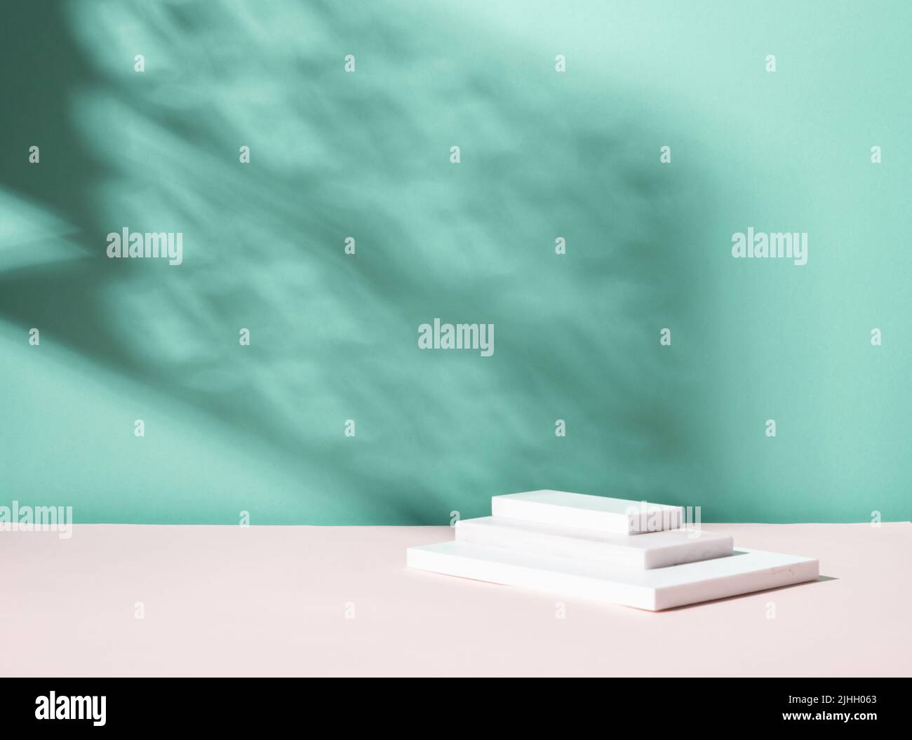 Abstract podium pedestal from white marble, blue menthol empty ...