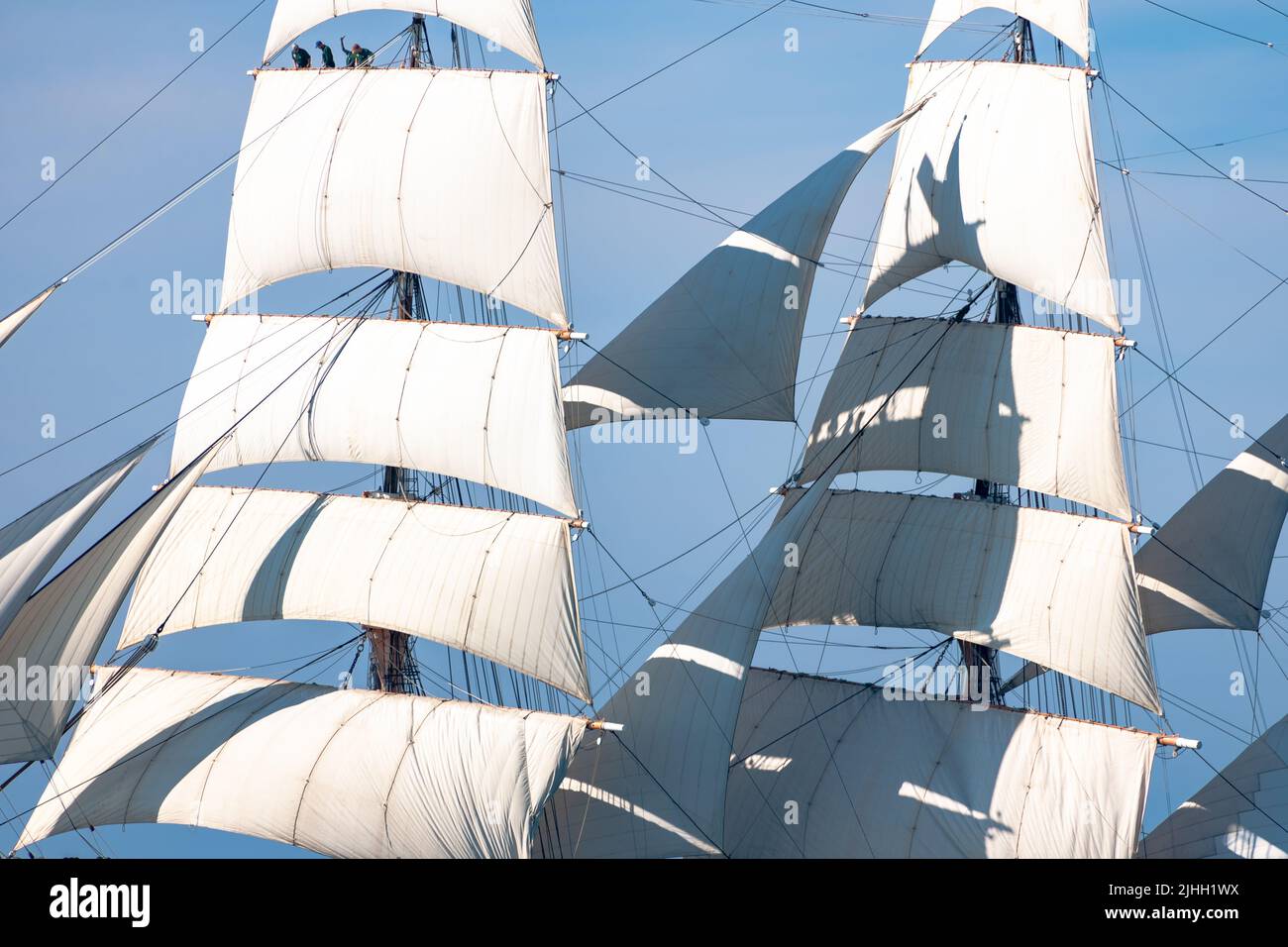 Fore and main mast of 1863 barque (world's oldest active sailing ship) flying all sails during anniversary sail in November 2018 off San Diego. Stock Photo