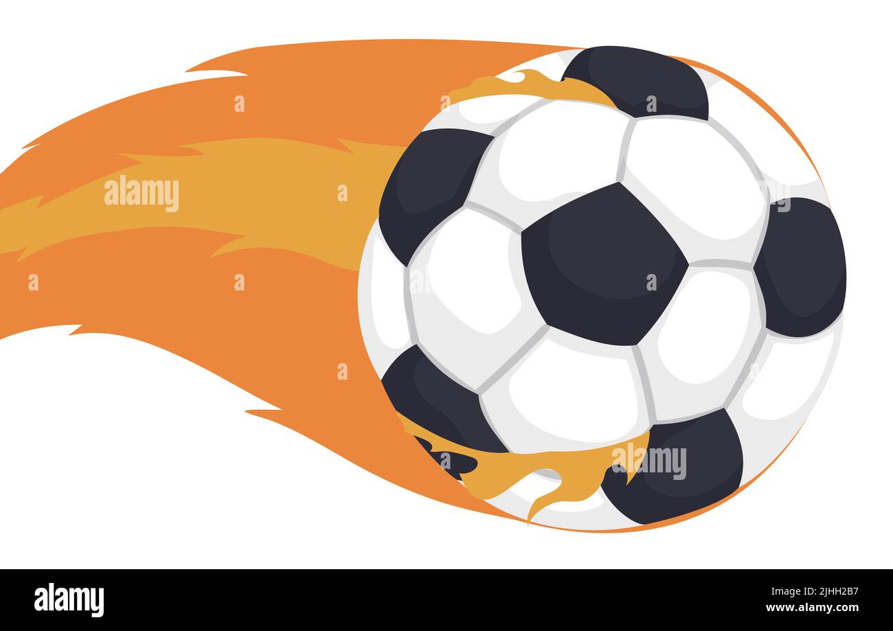 Fast soccer ball with trail of flames around it. Design isolated in cartoon style. Stock Vector