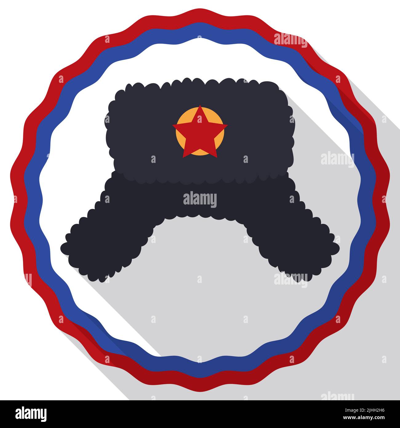Round button with Russian tricolor fringes and traditional ushanka hat decorated with red star inside of it. Design in flat style and long shadow. Stock Vector
