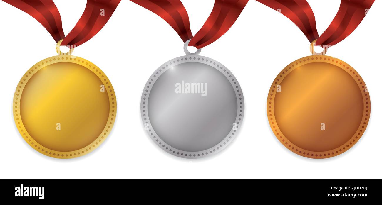 View of different medals hanging of red ribbons for awards ceremony of the first, second and third place: gold, silver and bronze respectively. Stock Vector