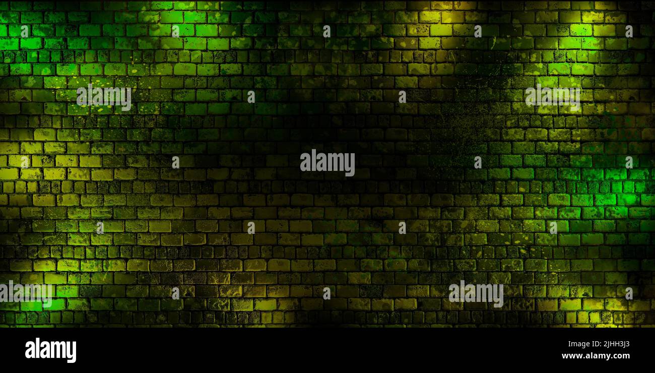 Grunge brick wall, background, green yellow neon light. 3d illustration ...