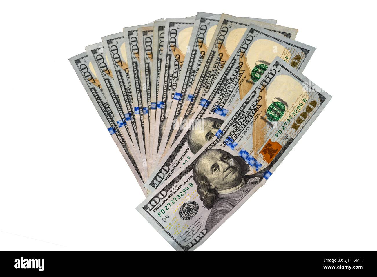 100 Dollar Bills Fanned on White Background Stock Photo