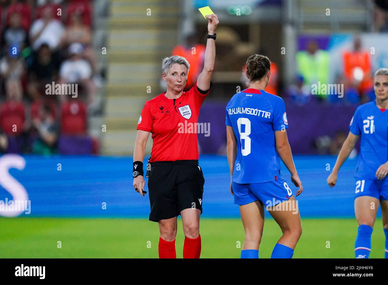 ROTHERHAM, UNITED KINGDOM - JULY 18: Yellow card by referee Jana Adamkova (CZE) during the Group D - UEFA Women's EURO 2022 match between Iceland and France at New York Stadium on July 18, 2022 in Rotherham, United Kingdom (Photo by Joris Verwijst/Orange Pictures) Stock Photo