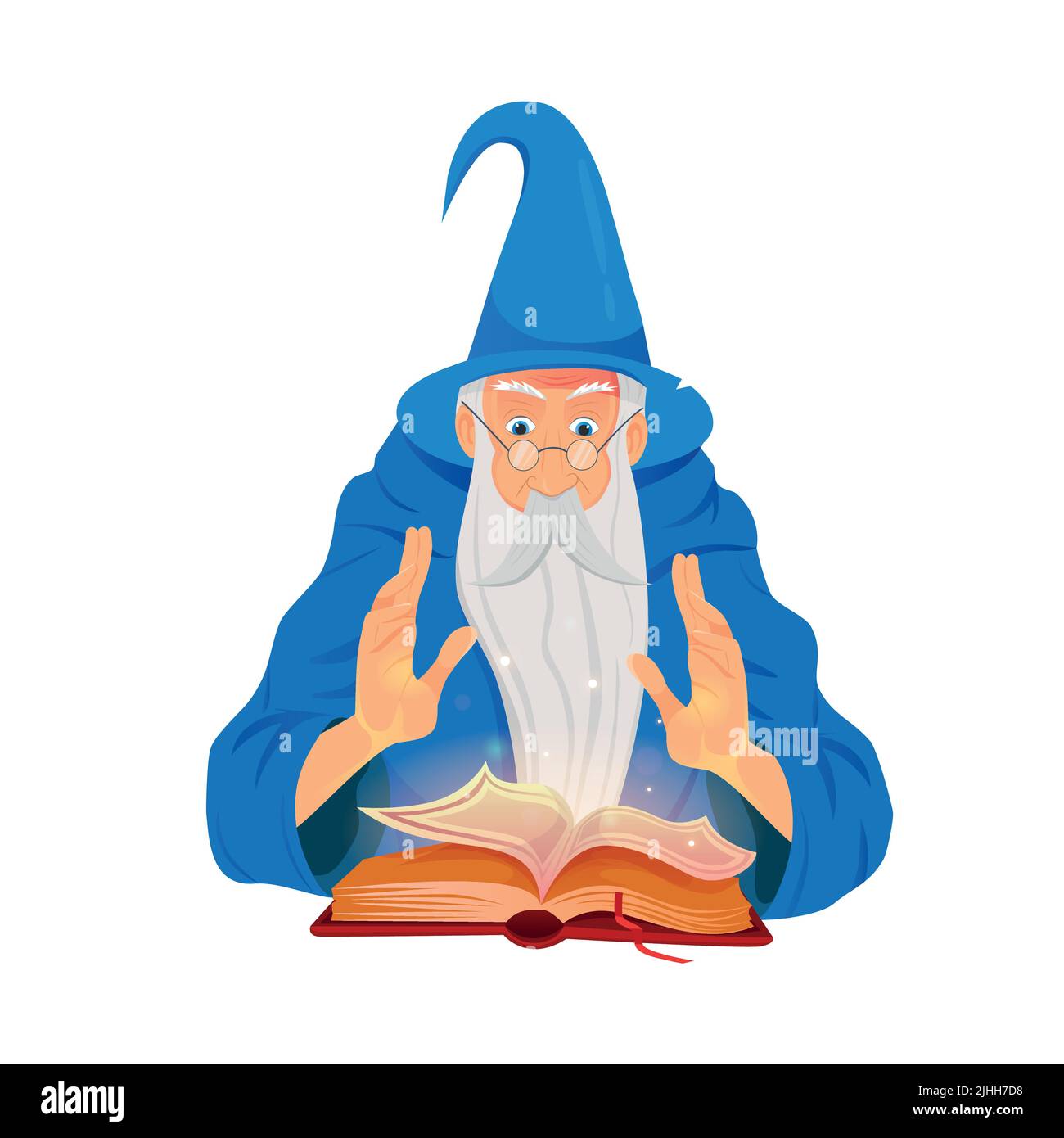 Old wizard and reading spell book on white background. Warlock, sorcerer, old beard man in blue wizards robe, hat. Stock Vector