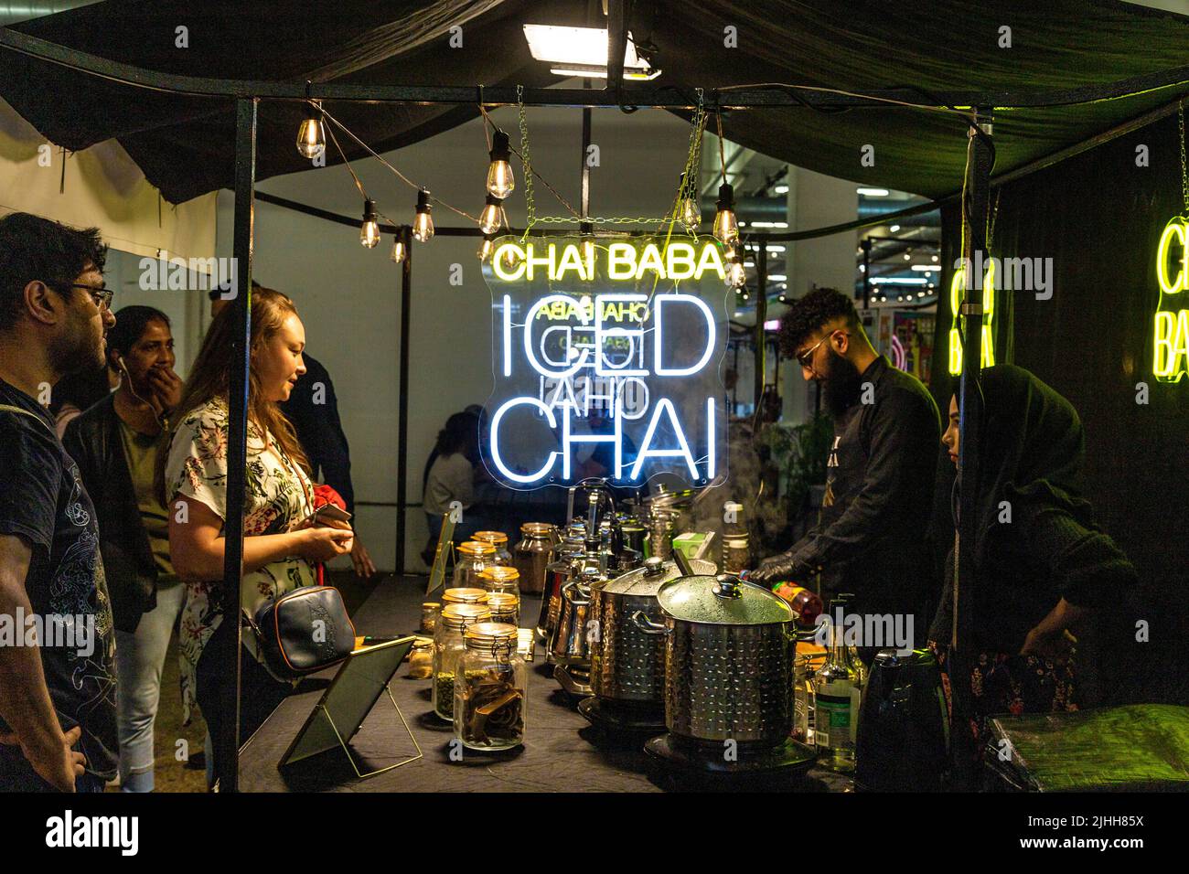 Chai Baba Iced Chai stall at Upmarket Brick Lane, London, UK Stock Photo