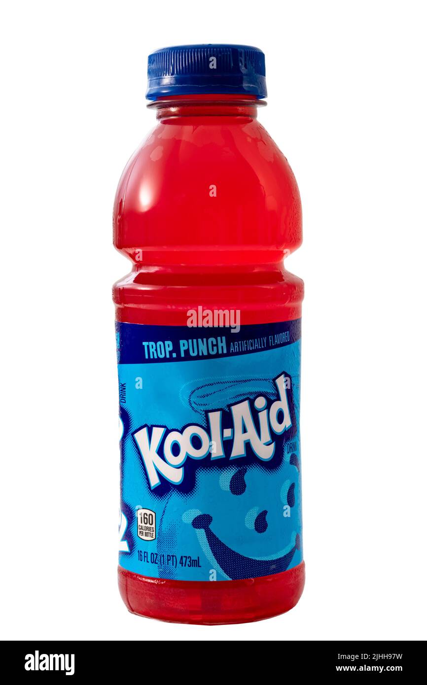 Croydon, UK 24 February 2022 plastic bottle of tropical punch flavored kool aid isolated on