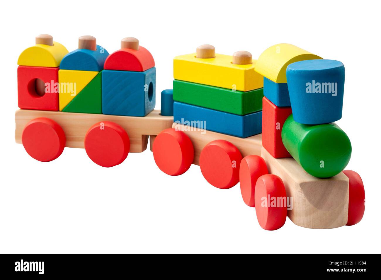 Vintage toy train model made of blocks in many shapes isolated on white background with a clipping path cutout concept for childhood development, mini Stock Photo