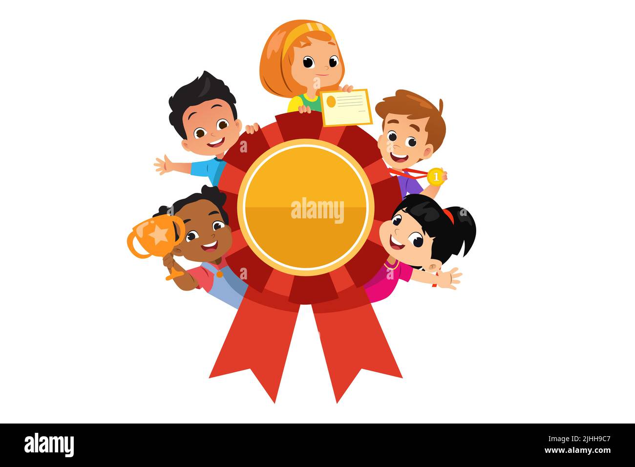 A vector illustration of Multi-ethnic Children With Ribbon Awards Trophy Certificate Stock Vector