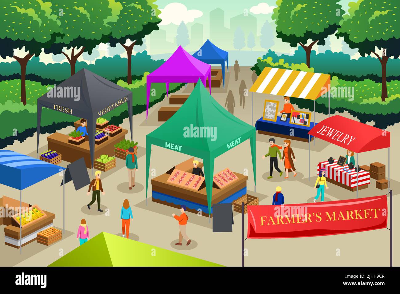 A vector illustration of People at Farmers Market Stock Vector