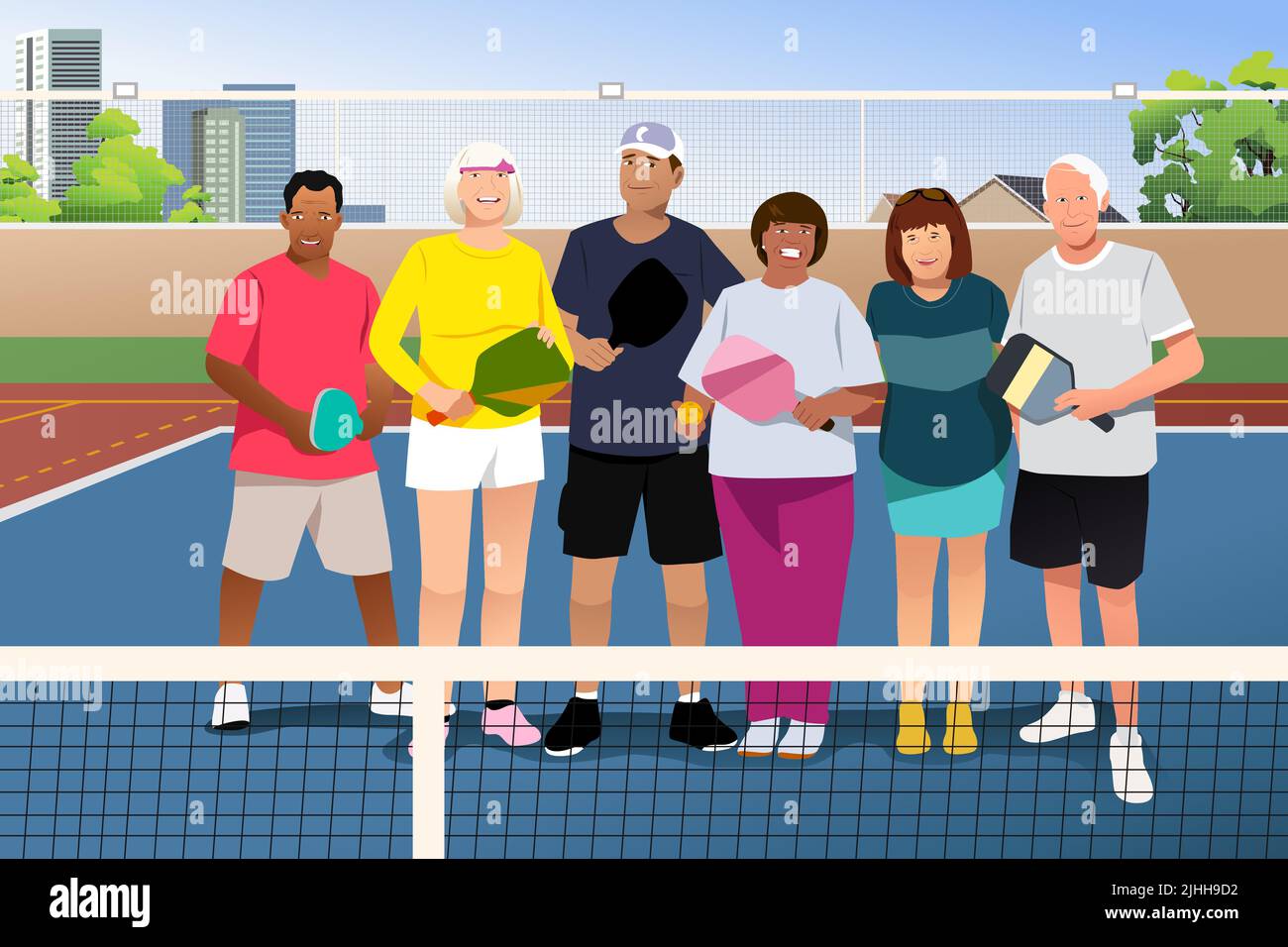 A vector illustration of Senior People Playing Pickleball Outdoor Stock Vector