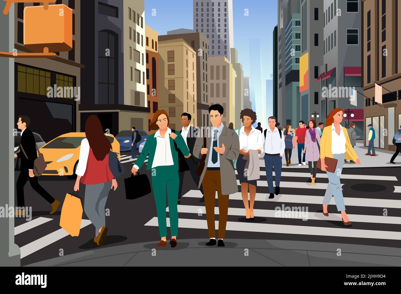 A vector illustration of Business People Walking in the City Going to Work Stock Vector