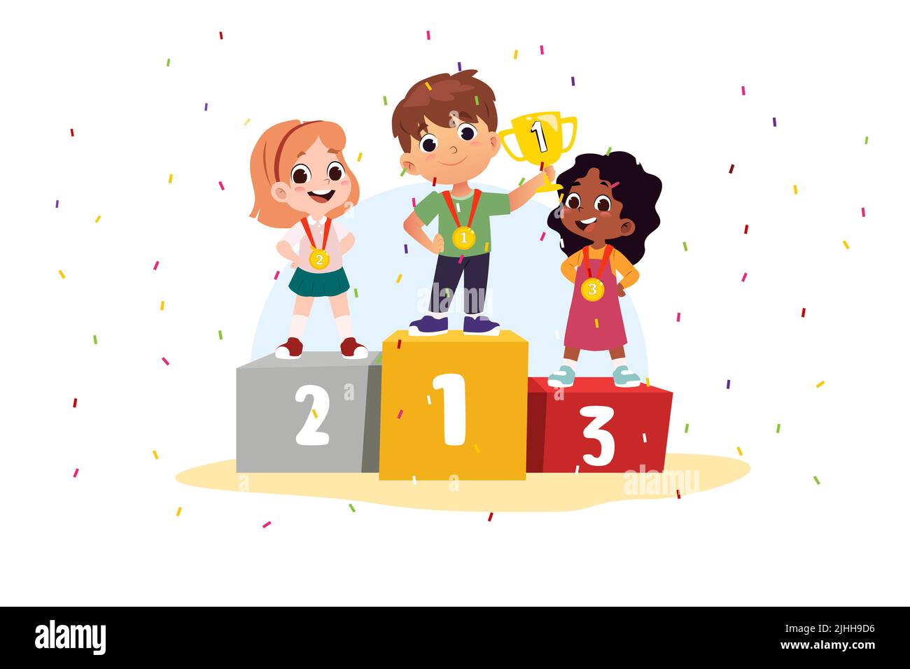 A vector illustration of Children in a Winning Podium Holding Trophy and Medals Stock Vector