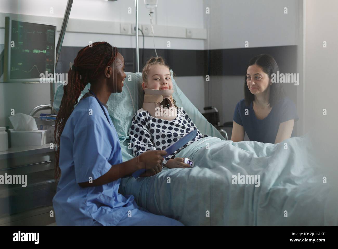 Unwell suffering kid recovering in pediatric hospital ward while