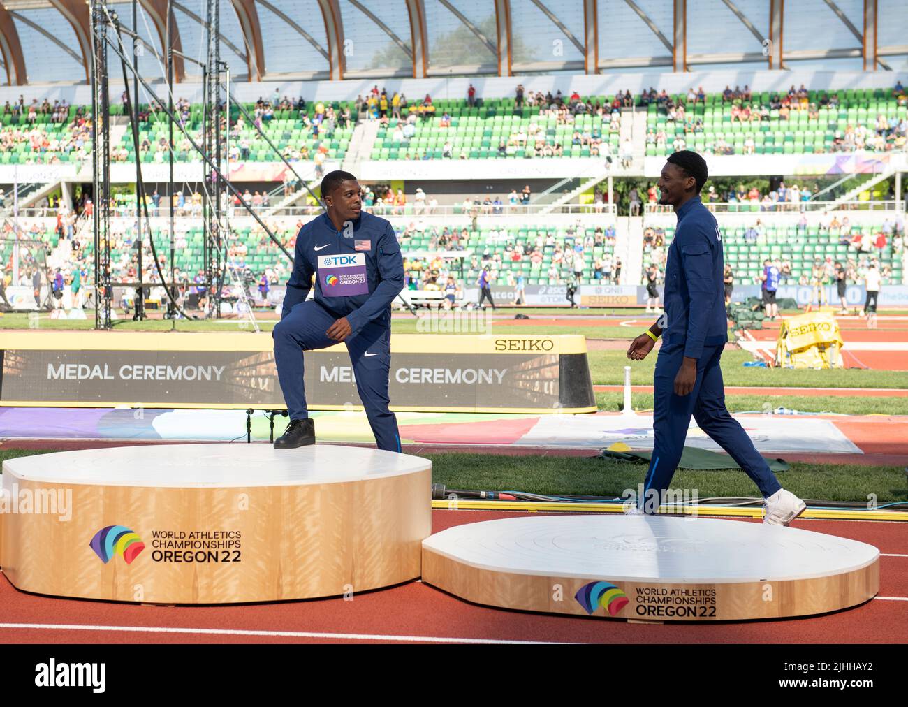 Eugene,Oregon USA on the 15th July 2022. Marvin Bracy (USA) Silver having some fun with Fred Kerley (USA) Gold during the men’s 100m medal ceremony on day two at the World Athletics Championships, Hayward Field, Eugene,Oregon USA on the 15th July 2022.Credit: GMP Media, Alamy Live News Stock Photo