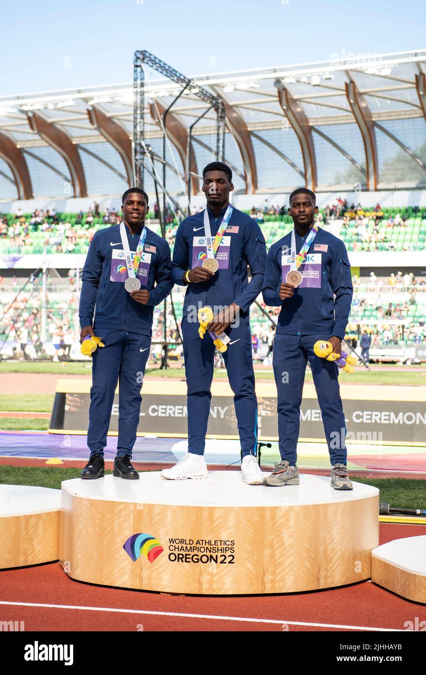 Eugene,Oregon USA on the 15th July 2022. Marvin Bracy (USA) Silver, Fred Kerley (USA) Gold and Trayvon Bromell (USA) Bronze medal at the men’s 100m medal ceremony on day two at the World Athletics Championships, Hayward Field, Eugene,Oregon USA on the 15th July 2022.Credit: GMP Media, Alamy Live News Stock Photo