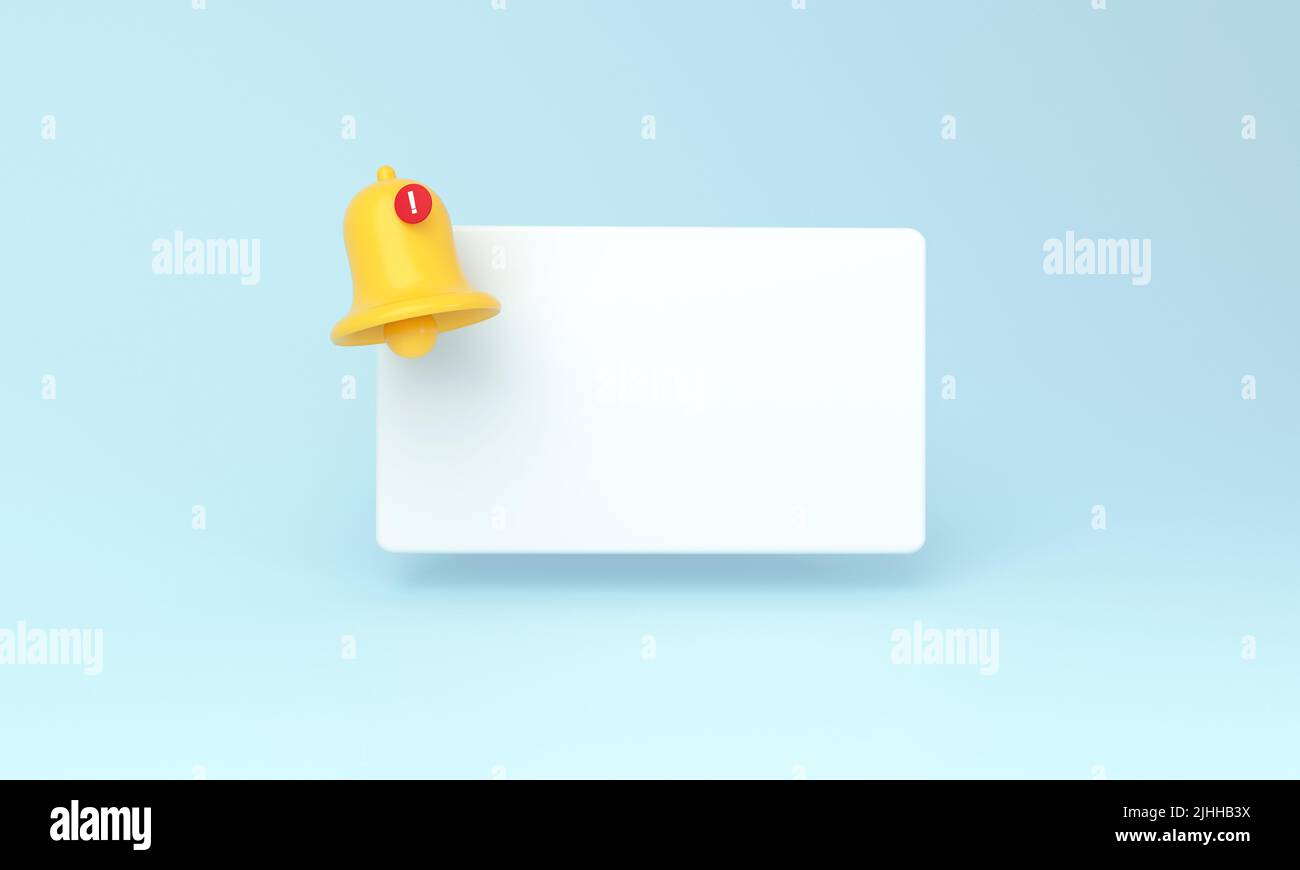 Notification bell icon and Empty reminder pop up on blue background. 3D rendering. Stock Photo