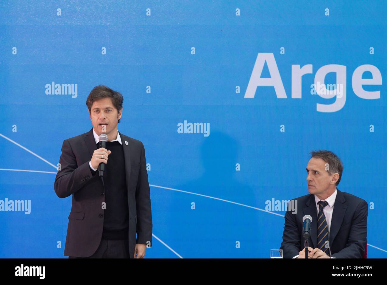 Buenos Aires, Argentina, 18th July 2022. President Alberto Fernández led the presentation of Argentina Grande, Infrastructure Plan for the Development of the Nation, together with the Minister of Public Works, Gabriel Katopodis. The Governor of the Province of Buenos Aires Axel Kicillof giving a few words at the event. (Credit: Esteban Osorio/Alamy Live News) Stock Photo