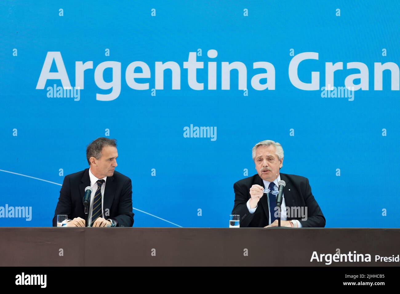 Buenos Aires, Argentina, 18th July 2022. President Alberto Fernández led the presentation of Argentina Grande, Infrastructure Plan for the Development of the Nation, together with the Minister of Public Works, Gabriel Katopodis. (Credit: Esteban Osorio/Alamy Live News) Stock Photo