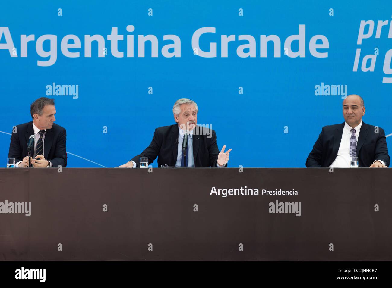 Buenos Aires, 18th July 2022. President Alberto Fernández led the presentation of Argentina Grande, Infrastructure Plan for the Development of the Nation, together with the Minister of Public Works, Gabriel Katopodis and the Chief of the Cabinet of Ministers Juan Manzur (Credit: Esteban Osorio/Alamy Live News) Stock Photo