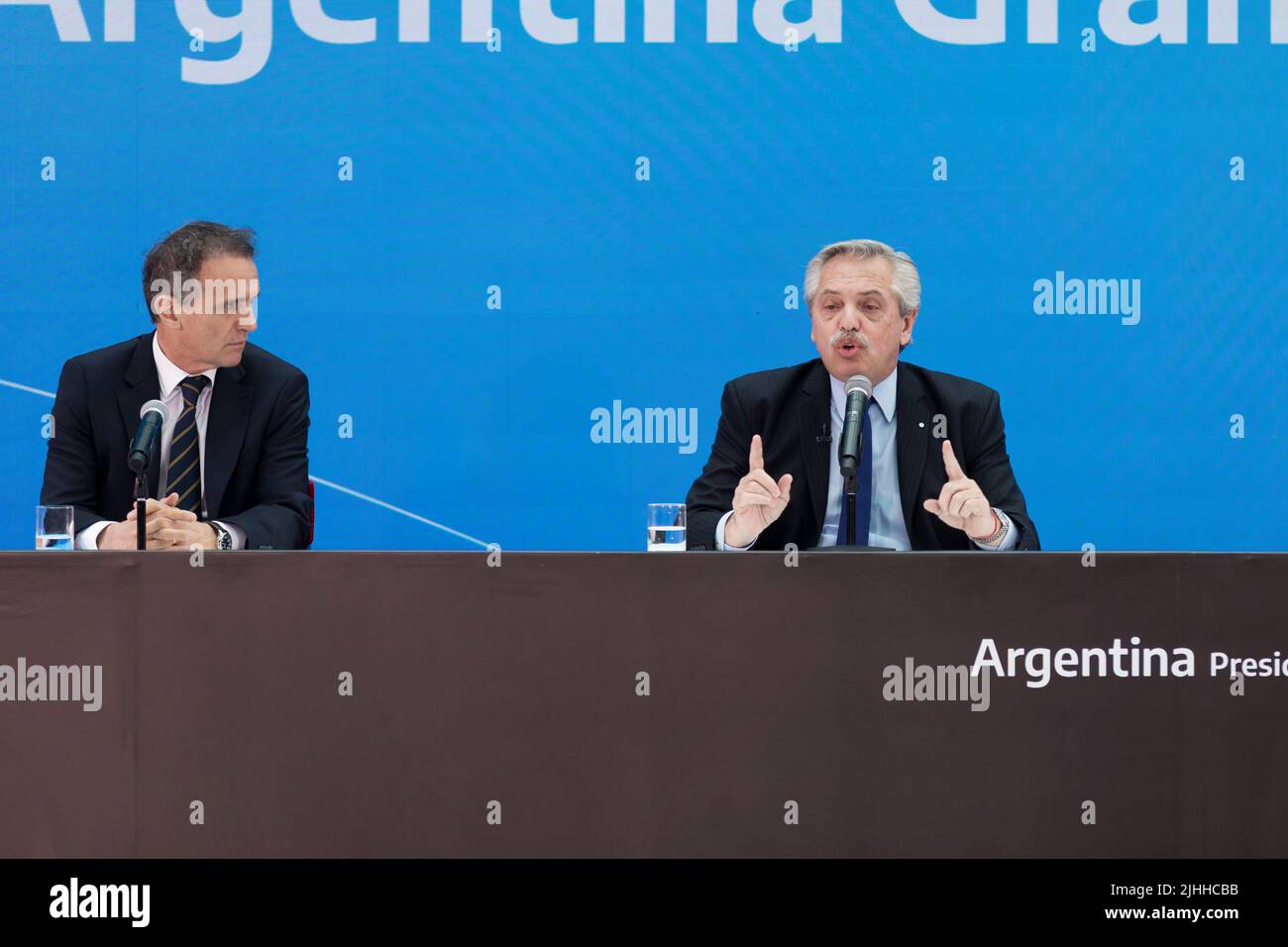 Buenos Aires, Argentina, 18th July 2022. President Alberto Fernández led the presentation of Argentina Grande, Infrastructure Plan for the Development of the Nation, together with the Minister of Public Works, Gabriel Katopodis. (Credit: Esteban Osorio/Alamy Live News) Stock Photo