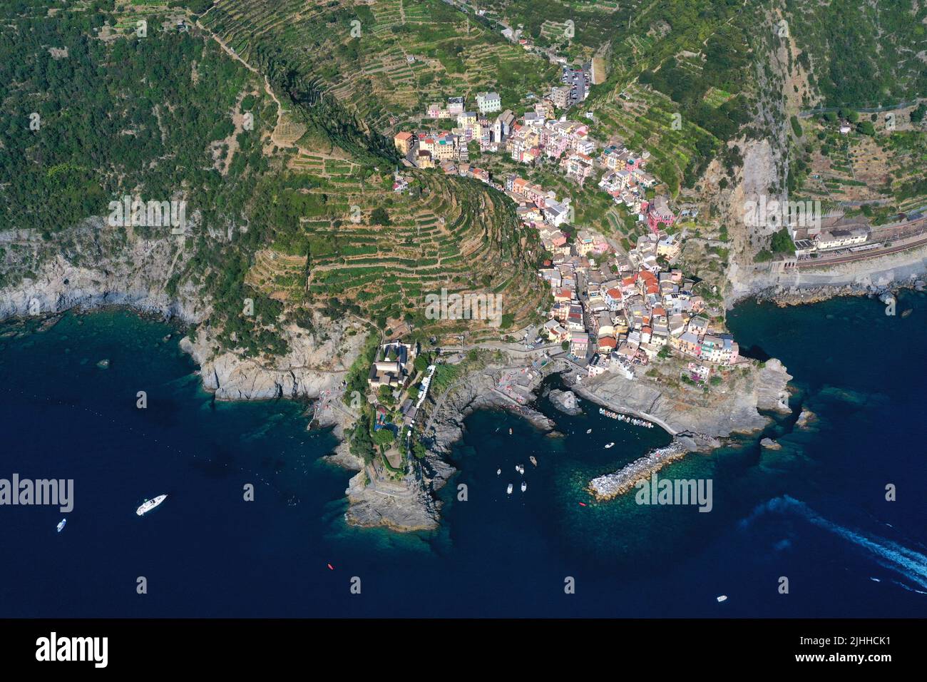 Aerial view of Manarola village, Cinque Terre, 5 Terre, Liguria, Italy Stock Photo