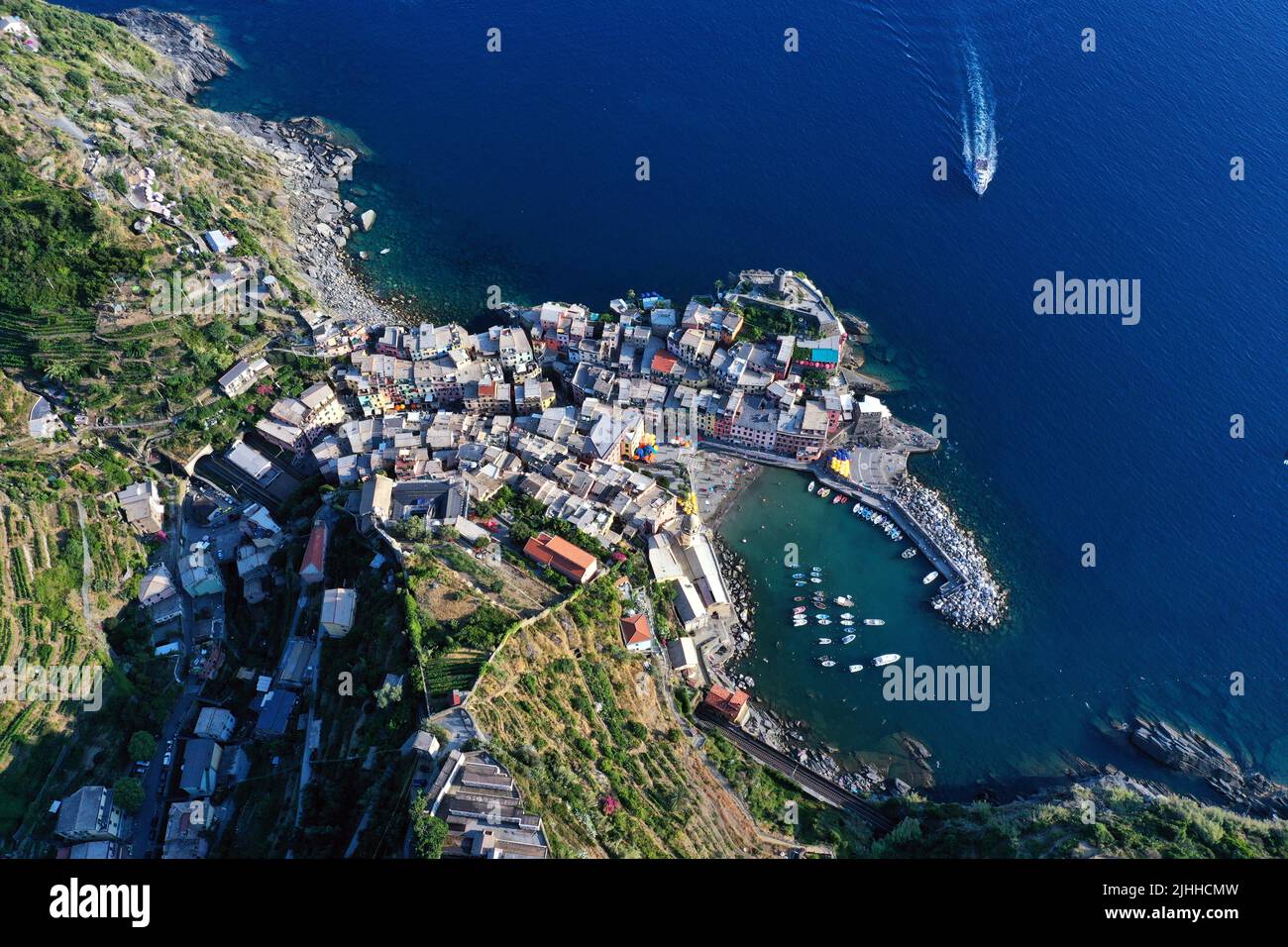 Aerial view of Manarola village, Cinque Terre, 5 Terre, Liguria, Italy Stock Photo