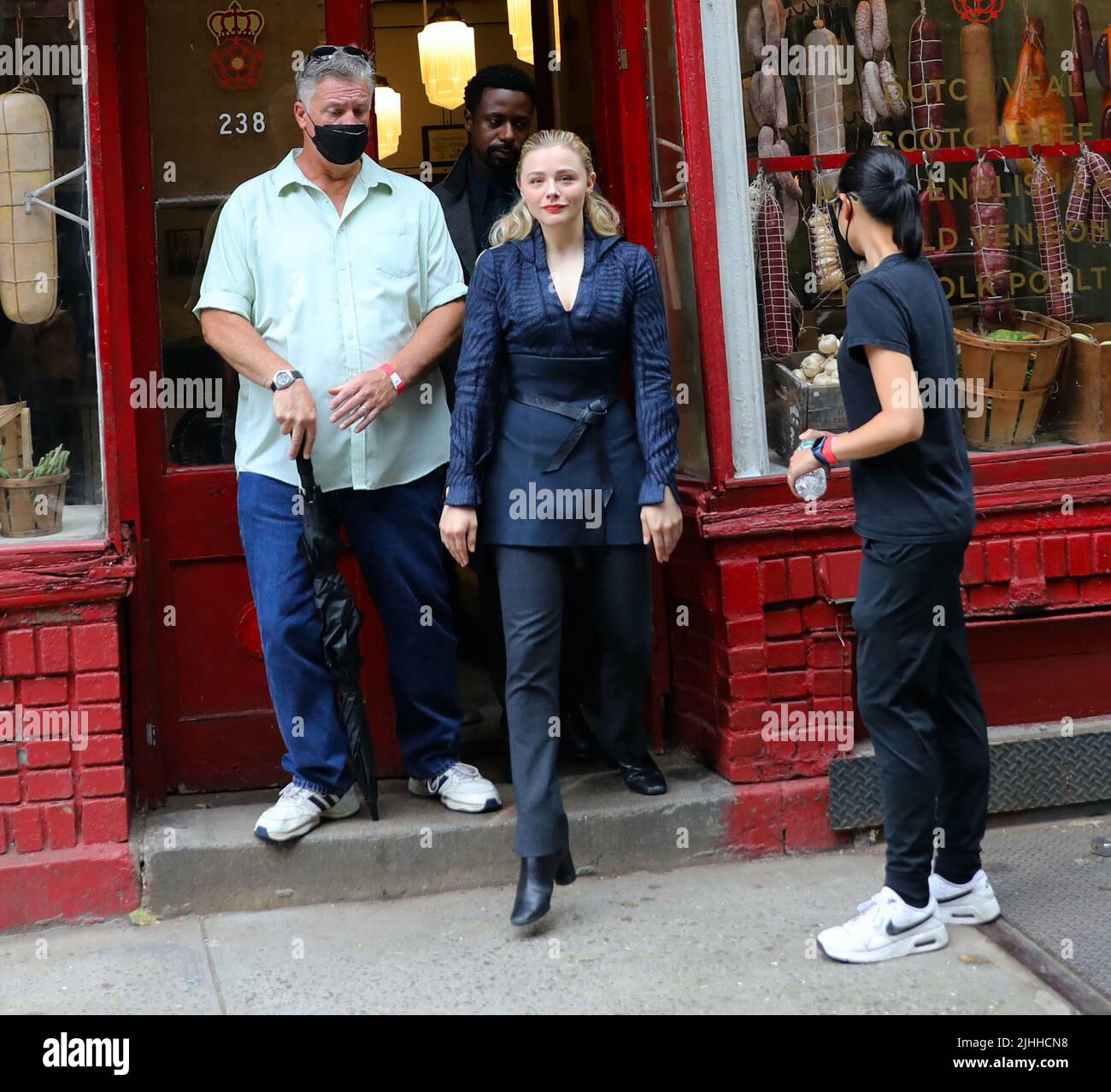 Chloe Grace Moretz and Gary Carr pictured filming at "The Peripheral