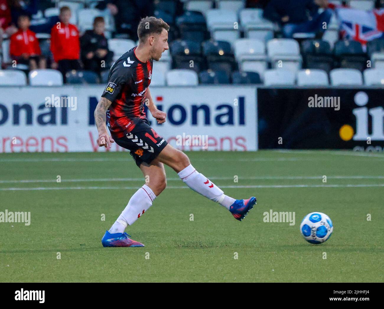 Seaview, Belfast, Northern Ireland, UK. 14 July 2022. UEFA Conference League First Qualifying Round  (second leg) – Crusaders 3 Magpies 1. Crusaders football player Jordan Forsythe (14). Stock Photo