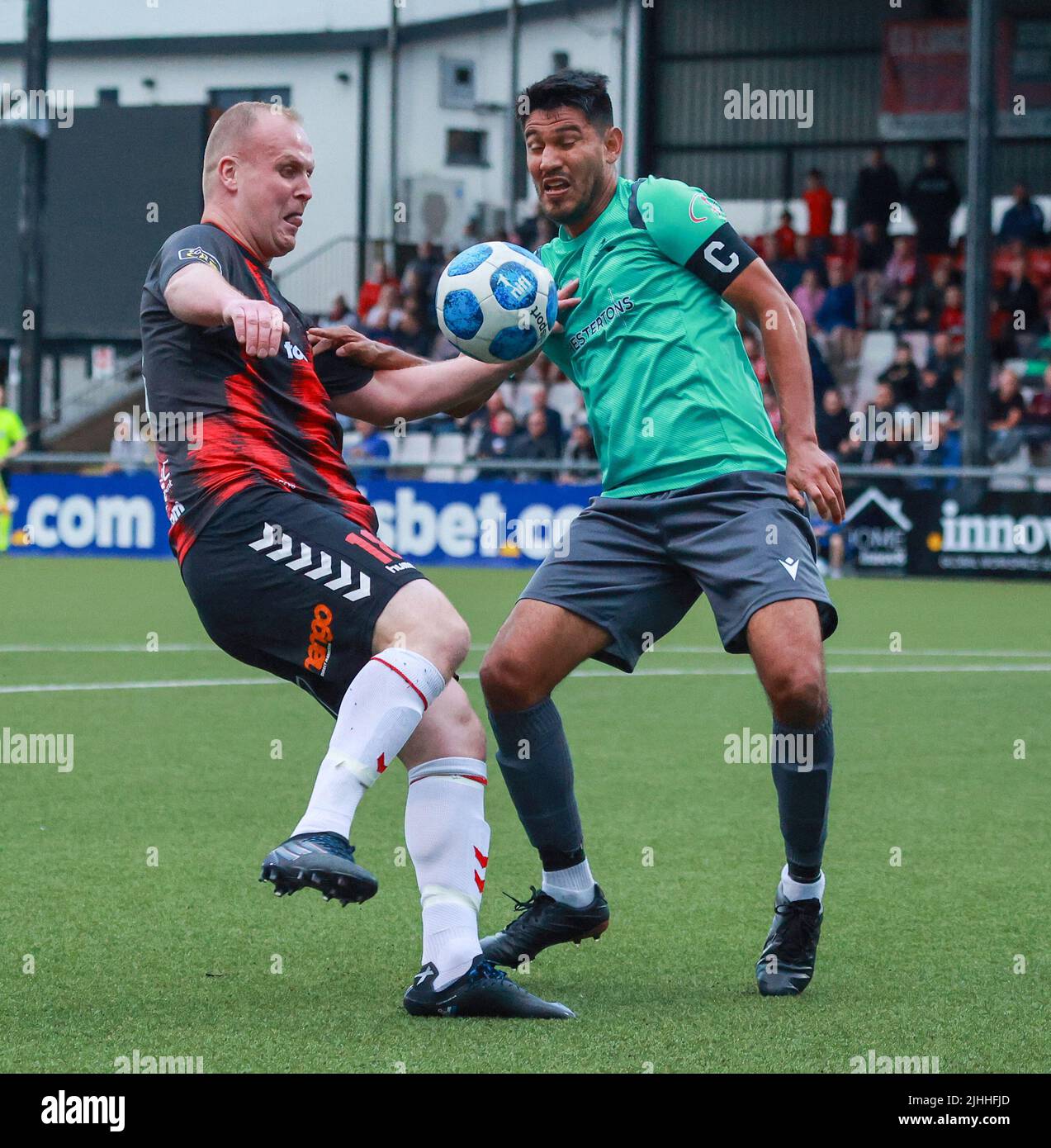 Seaview, Belfast, Northern Ireland, UK. 14 July 2022. UEFA Conference League First Qualifying Round  (second leg) – Crusaders 3 Magpies 1. Crusaders football player Jordan Owens (18). Stock Photo