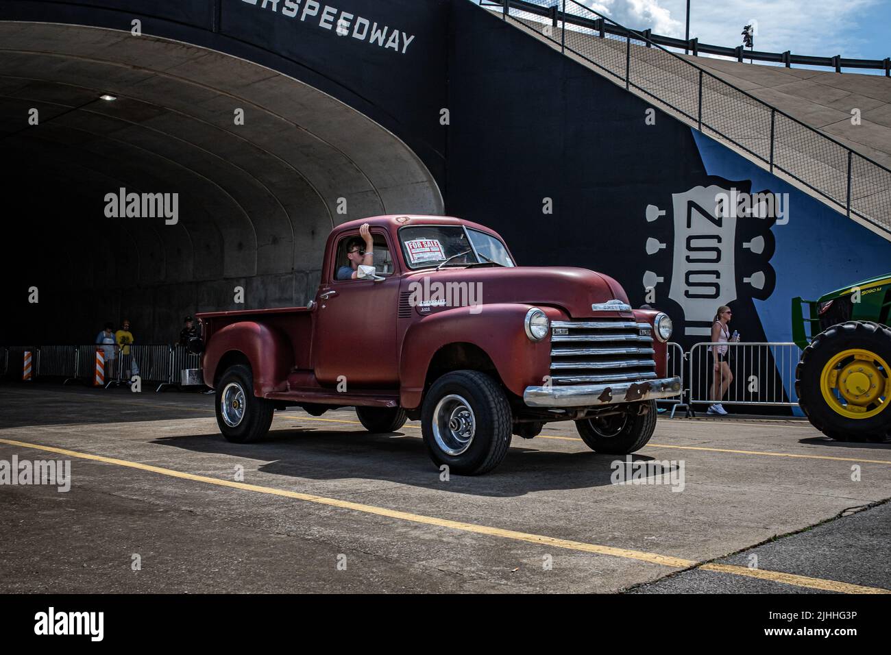 Lebanon, TN - May 14, 2022: Low perspective front corner view of a 1949 Chevrolet 3100 Pickup Truck at a local car show. Stock Photo