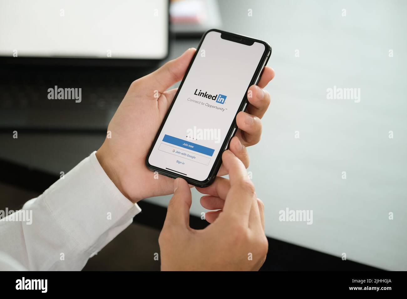 CHIANG MAI, THAILAND - April 06 2021 : LinkedIn application on the smartphone screen. LinkedIn is a business-oriented social networking service Stock Photo