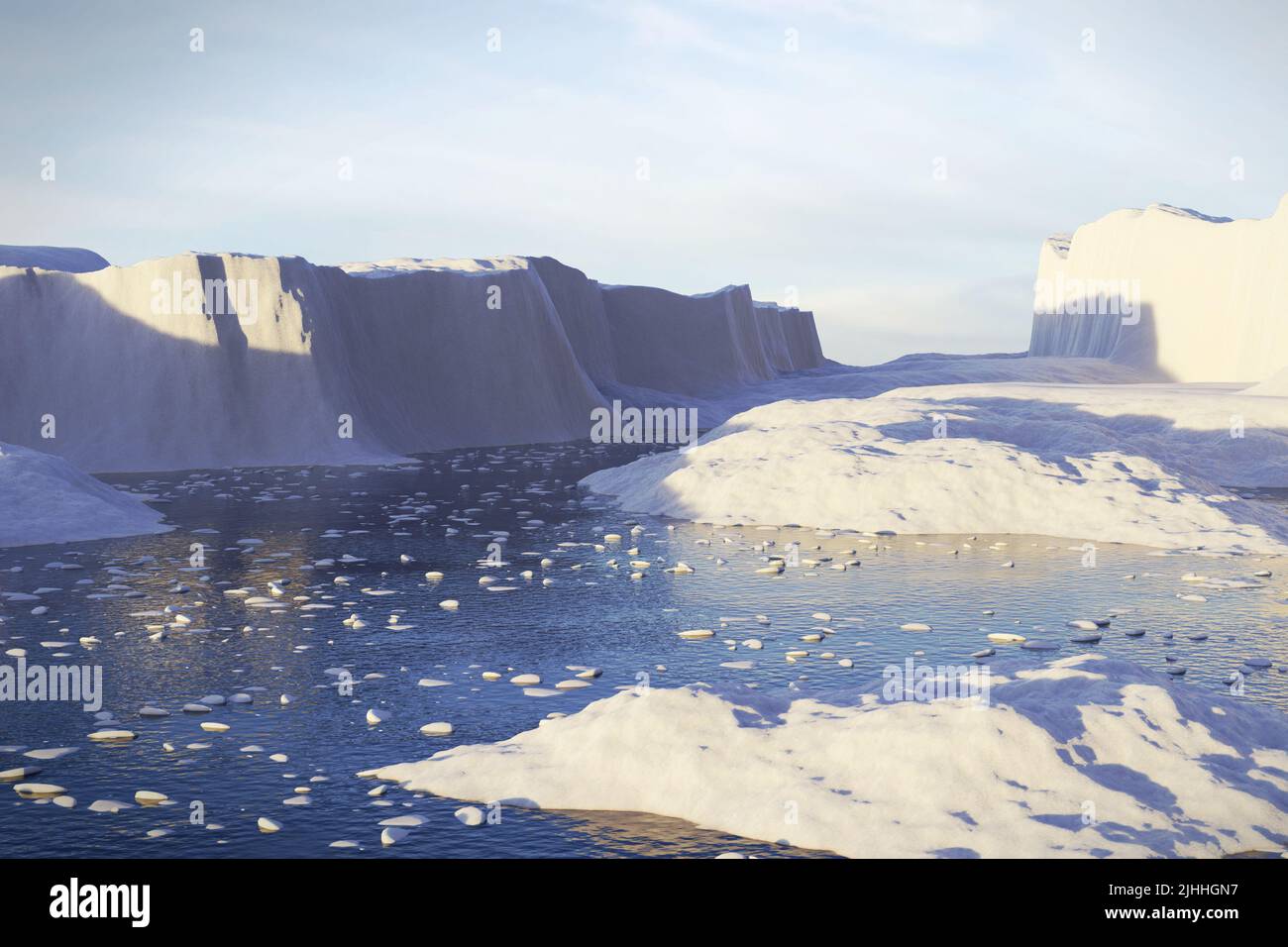 frozen arctic sea with icebergs and brash ice Stock Photo