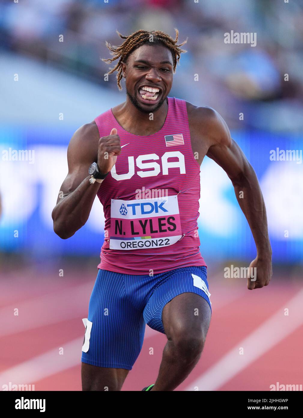 USA’s Noah Lyles during the Men’s 200m heat 7 on day four of the World