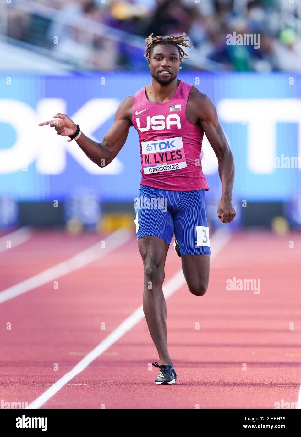 USA’s Noah Lyles during the Men’s 200m heat 7 on day four of the World