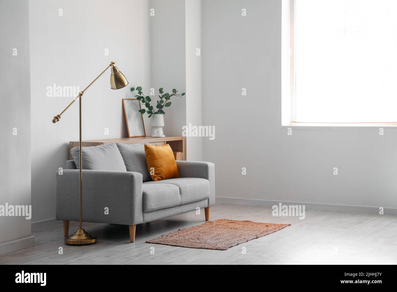 Interior of light living room with grey sofa and standard lamp Stock ...