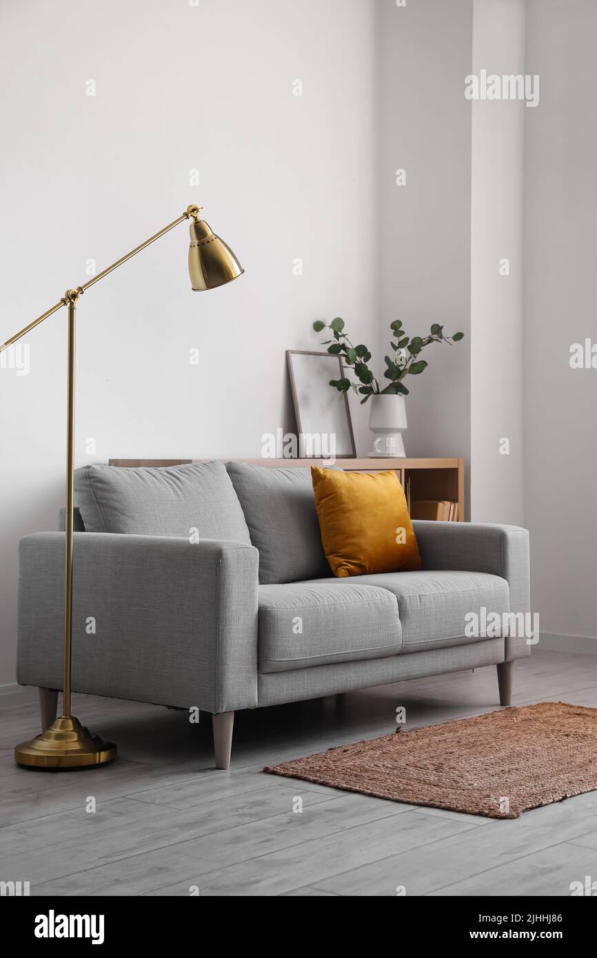 Interior of light living room with grey sofa and standard lamp Stock ...