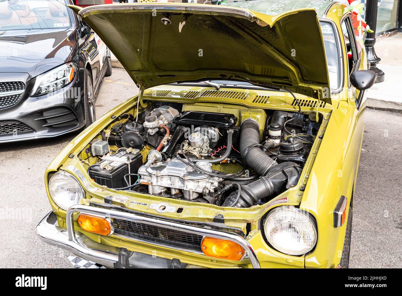 The engine compartment and motor of a 1972 Honda Z600 at the