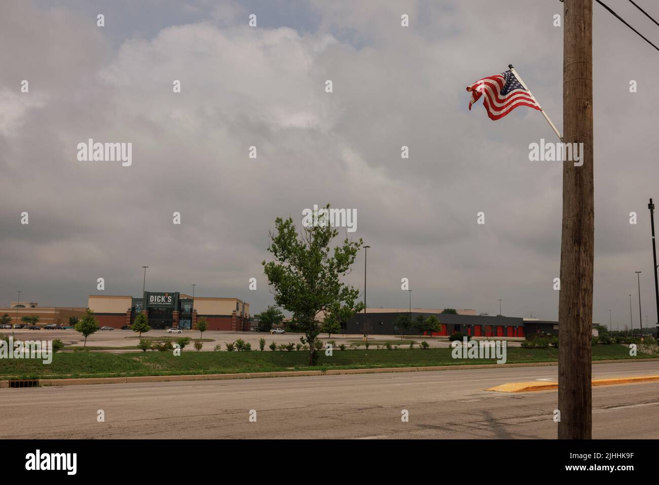 GREENWOOD, IN - JULY 18: Dick’s Sporting Goods entrance near the food court entrance of Greenwood Park Mall on July 18, 2022 in Greenwood, Indiana.  A gunman allegedly used a long gun to fire shots in the mall’s food court on July 17, killing three and injuring two before being killed by an armed bystander. Stock Photo