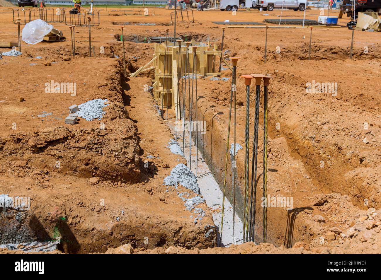 A strip foundation reinforcement frame was constructed on the house's reinforced concrete structure Stock Photo