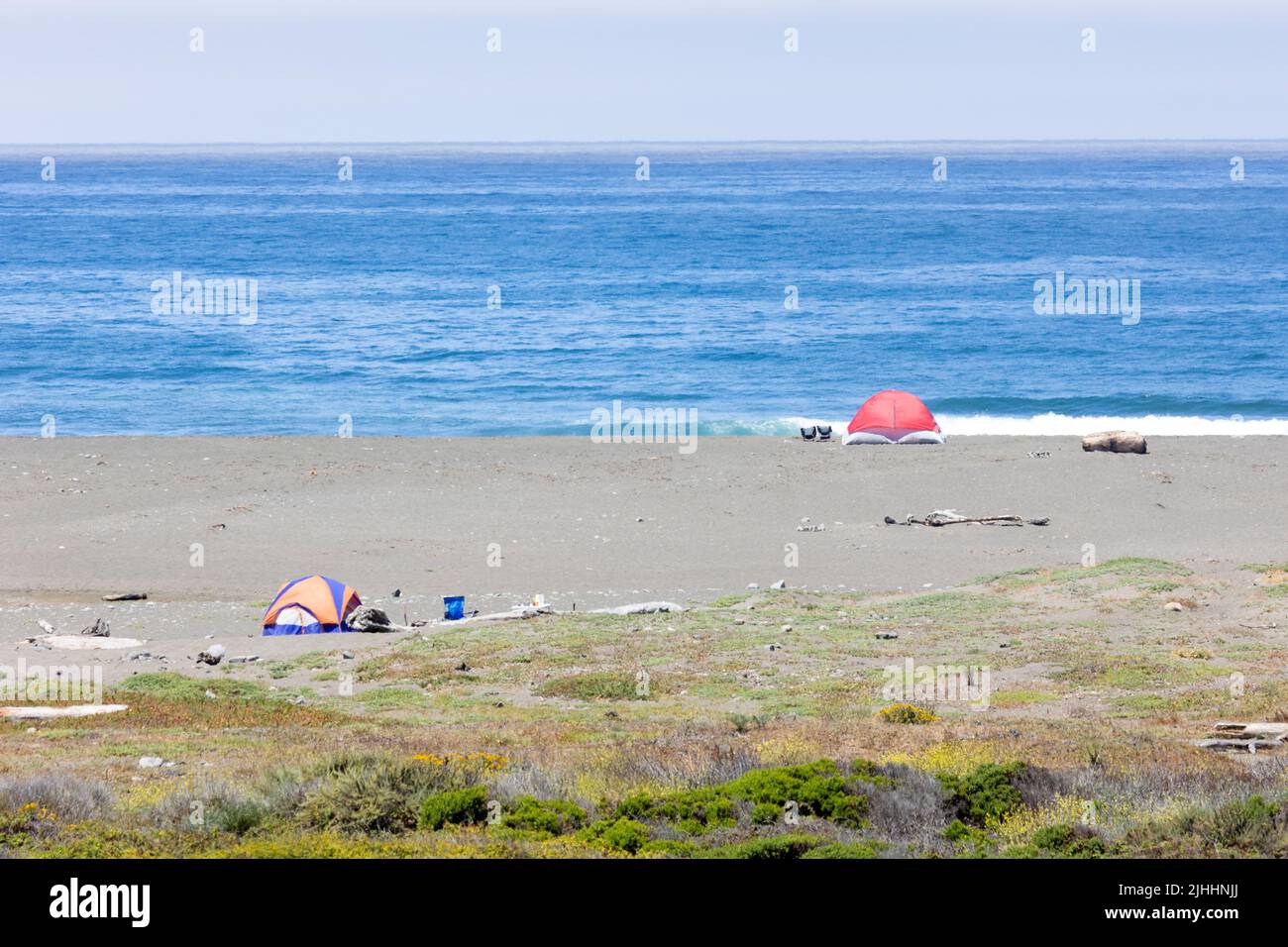 Two Colorful Tents on Beach along PCH Stock Photo