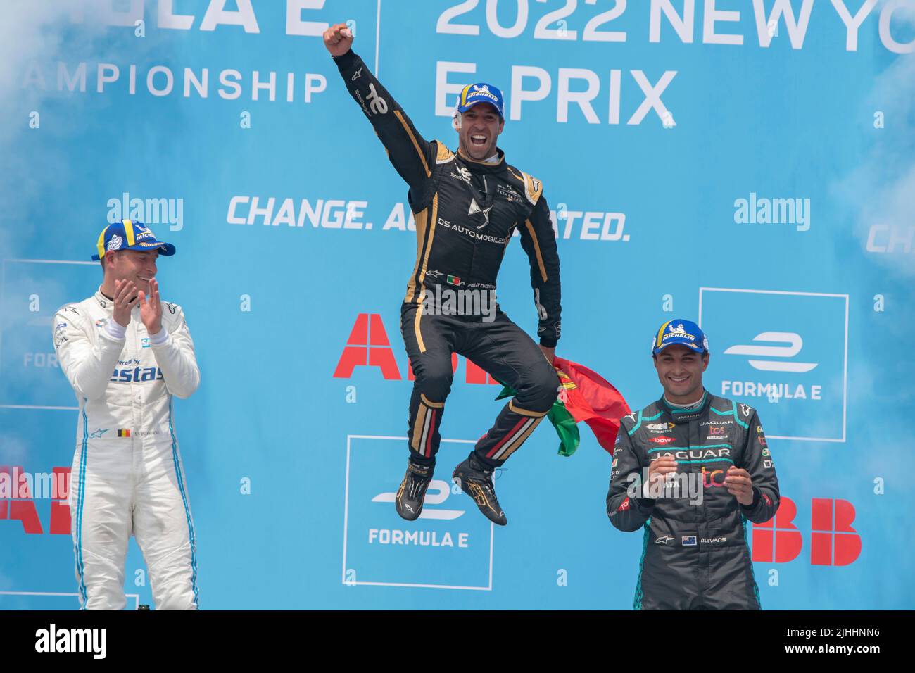 NEW YORK, NY - JULY 17: First place winner Antonio Felix Da Costa (C) (car no. 13) of DS Techeetah, who secured his first win of the season, along with second place new championship leader Stoffel Vandoorne (L) (Car no. 5) of Mercedes EQ and third place Mitch Evans (R) (car no. 9) of Jaguar TCS Racing on the podium during the ABB FIA Formula E Championship, New York City E-Prix Season 8 Round 12, on July 17, 2022 in the Brooklyn borough of New York City. Stock Photo