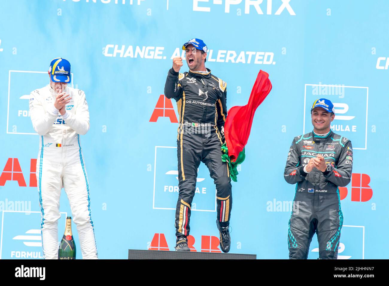 NEW YORK, NY - JULY 17: First place winner Antonio Felix Da Costa (C) (car no. 13) of DS Techeetah, who secured his first win of the season, along with second place new championship leader Stoffel Vandoorne (L) (Car no. 5) of Mercedes EQ and third place Mitch Evans (R) (car no. 9) of Jaguar TCS Racing on the podium during the ABB FIA Formula E Championship, New York City E-Prix Season 8 Round 12, on July 17, 2022 in the Brooklyn borough of New York City. Stock Photo