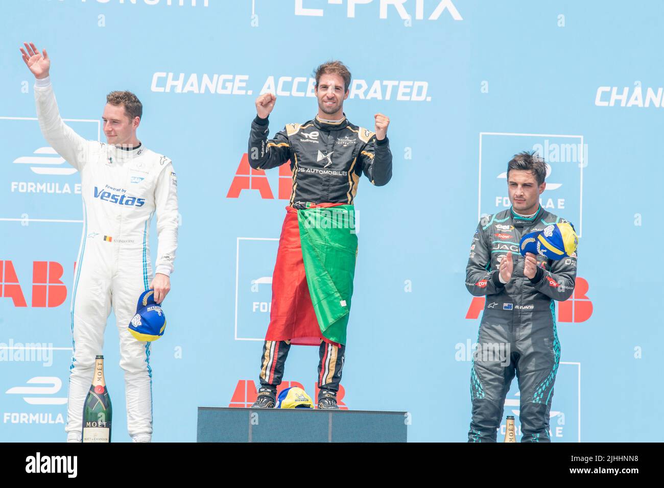 NEW YORK, NY - JULY 17: First place winner Antonio Felix Da Costa (C) (car no. 13) of DS Techeetah, who secured his first win of the season, along with second place new championship leader Stoffel Vandoorne (L) (Car no. 5) of Mercedes EQ and third place Mitch Evans (R) (car no. 9) of Jaguar TCS Racing on the podium during the ABB FIA Formula E Championship, New York City E-Prix Season 8 Round 12, on July 17, 2022 in the Brooklyn borough of New York City. Stock Photo
