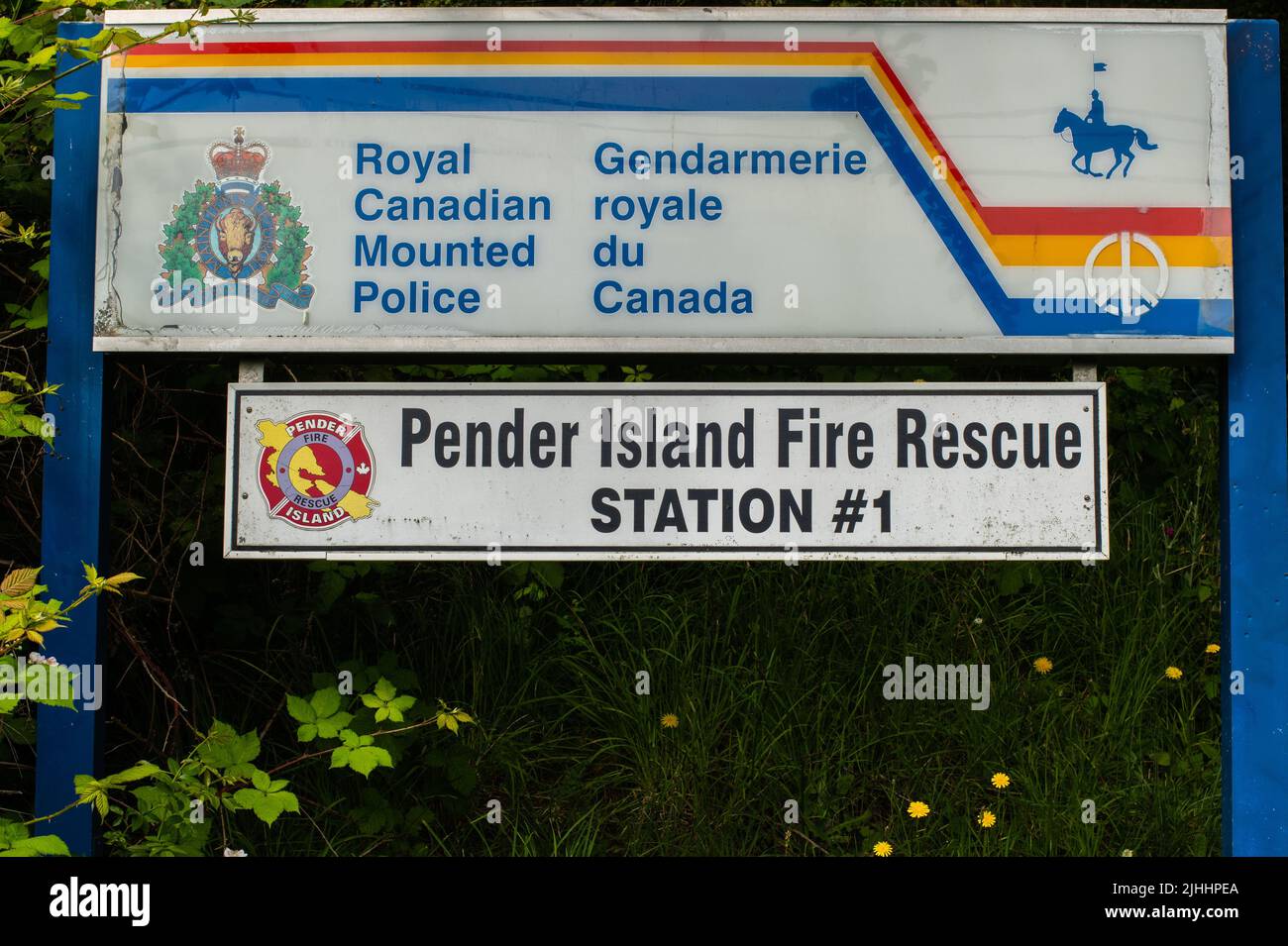RCMP sign in North Pender Island, British Columbia, Canada Stock Photo