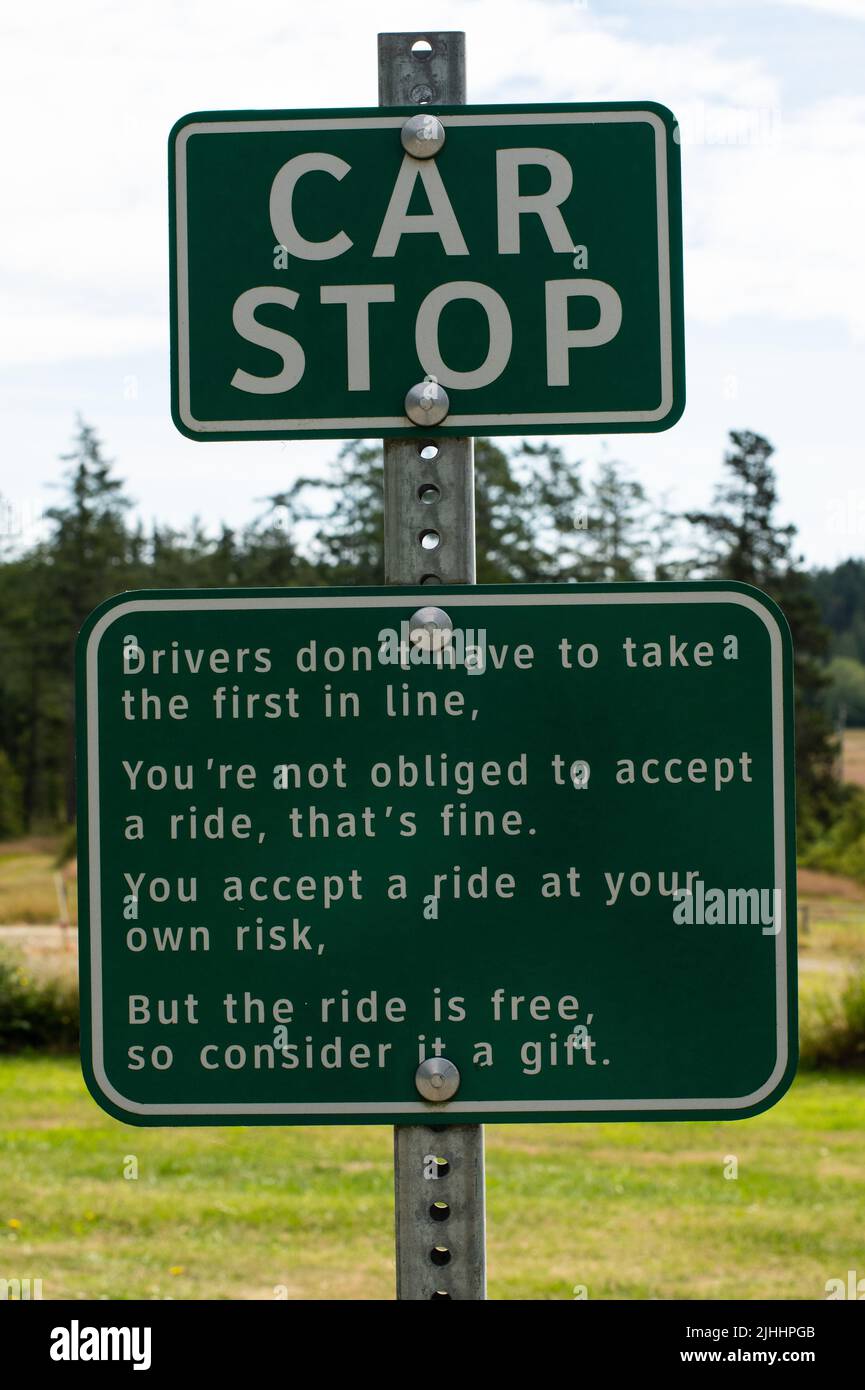 Car stop sign at North Pender Island Stock Photo