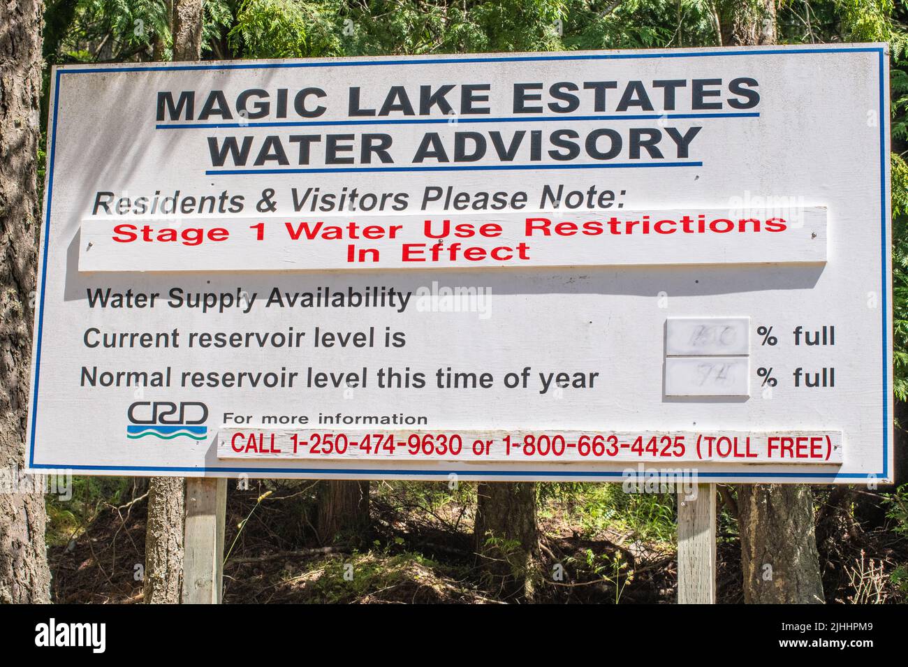 Water advisory for Magic Lake Estates, North Pender Island Stock Photo